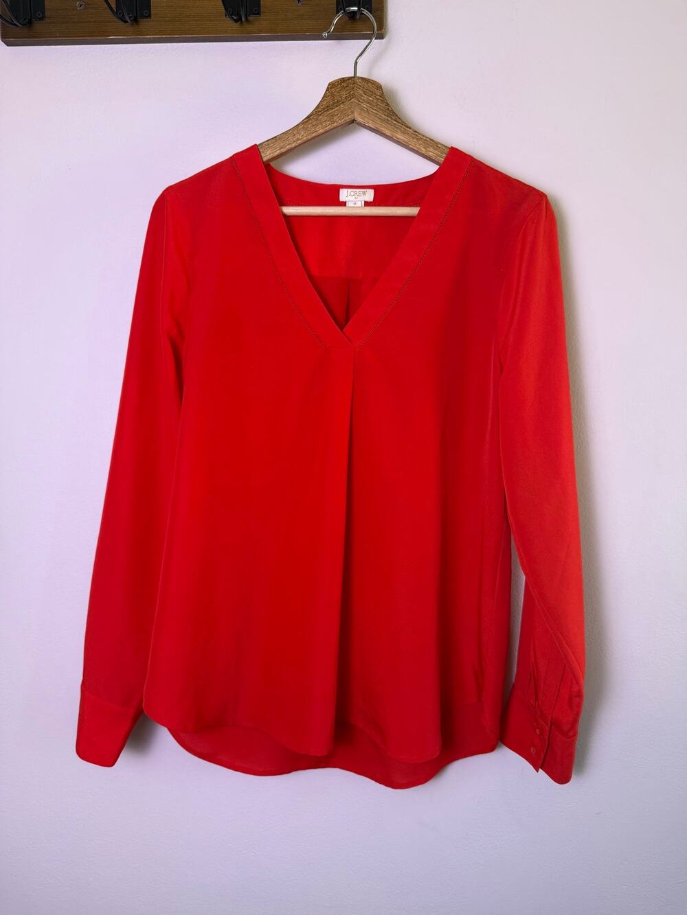 J Crew Red V Neck Blouse Medium Long Sleeve Flowy Work Top